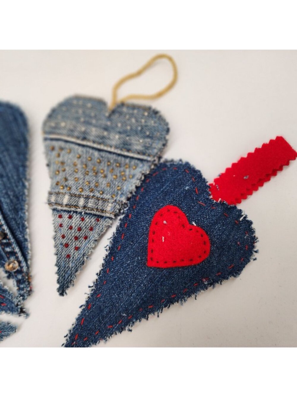 Denim Hanging Heart Ornaments Embellished Buttons Beads Embroidery Handmade - Picture 4 of 6